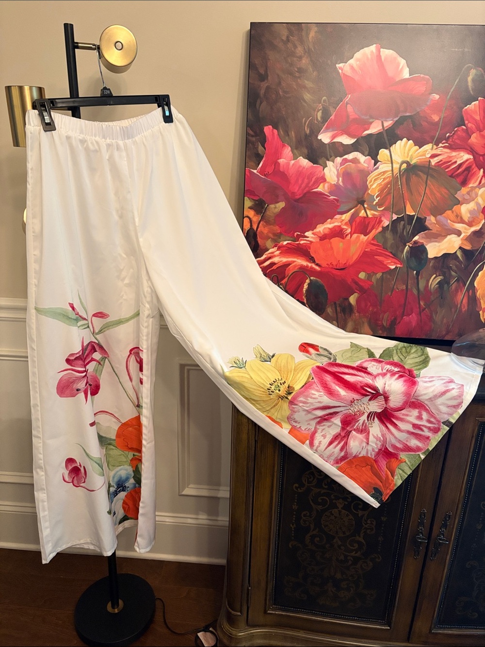 NWOT White Wide-Leg Pants with Pink, Orange & Yellow Floral Hem SHEIN
